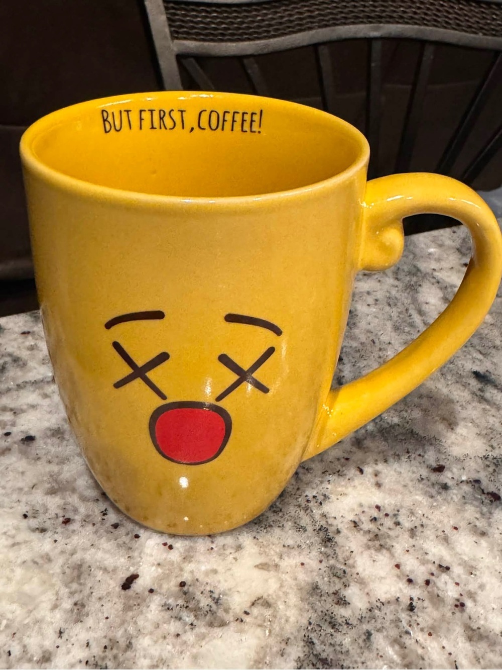 Yellow Emoticon Coffee Mug - "But First, Coffee!"